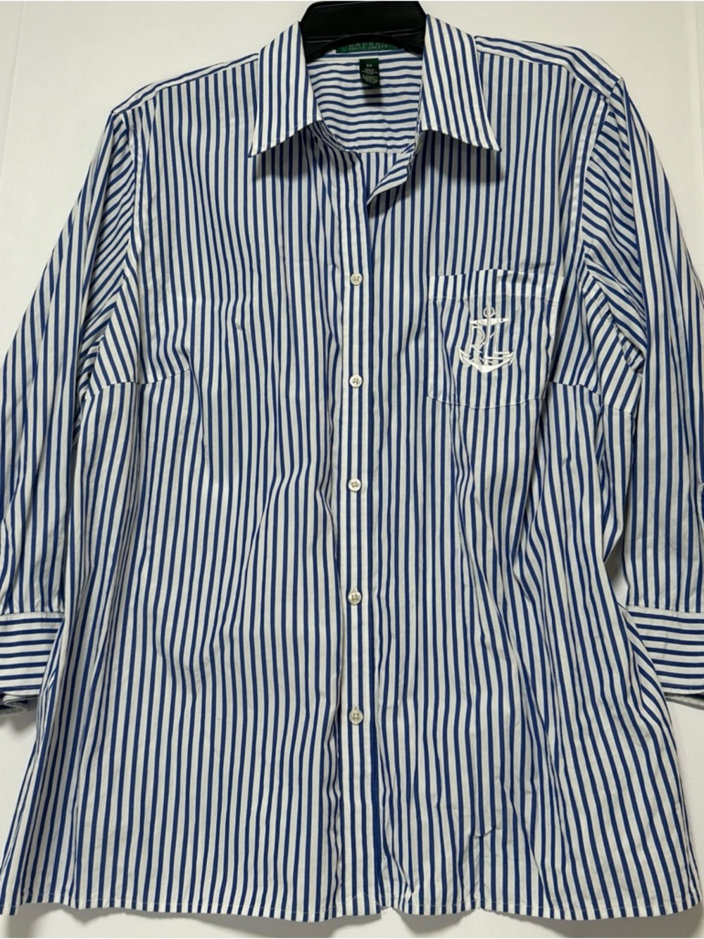 Lauren Ralph Lauren Shirt Womens 2X Blue White Striped Cotton Anchor Button Up